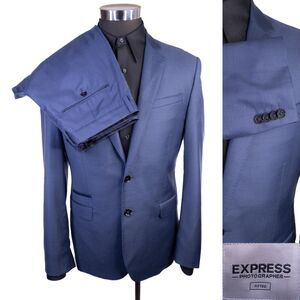 Express Photographer 2-Pcs Solid Blue Suit Jacket Blazer Sz 40S Pants --X--